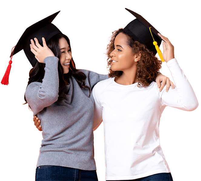 students-graduation-caps Two students with graduation caps hugging